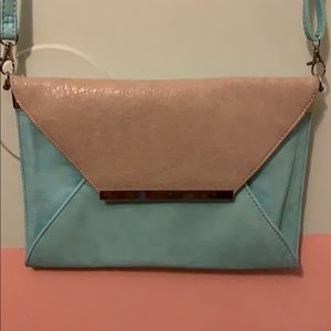 Aqua and taupe clutch